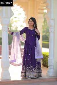 Indian Ethnic Wear Star Georgette with Embroidery Zari <b>Sequins</b> Work Readymade Anarkali Gown with Designer Lace Border Dupatta - Product Image 3