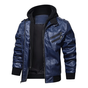 Chaqueta de moto con cremallera de piel de cordero azul marino con capucha extraíble negra para hombre - Product Image 2