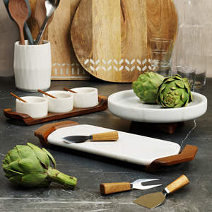 Plateau à fromage en marbre avec ensemble de 3 couteaux Planche de préparation des aliments Plateau de service décoratif en bois et marbre - Product Image 5