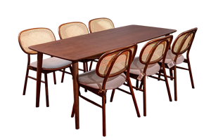 Modern Ash Wood Dining Set with Pierre Chair Walnut Leather <b>Cushioned</b> Seat & Rattan <b>Back</b> for Home & Villa Use - Product Image 2