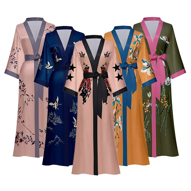 Robe feminino colorido manga longa, alta qualidade, estampado, vestido de cetim, robe