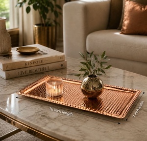 Plateau rectangulaire en cuivre artisanal, centre de table décoratif pour les occasions de repas à la maison - Product Image 2