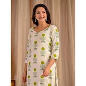 Vestidos Kurti Rectos de Algodón y Yute con Estampado Butta Blanco y Verde, Transpirables, con Elementos de Moda Sencillos - Product Image 1