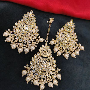 ต่างหูห้อยลูกปัด kundan ชุบทองเข้ากับ maangtikka เหมาะสำหรับงานแต่งงานและงานเทศกาล - Product Image 2