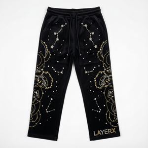 Pantalons de survêtement pour hommes, coupe droite, lourds, avec strass thermocollés, style streetwear, doublure en polaire, imprimé pailleté, logo personnalisé, OEM - Product Image 1