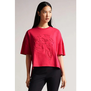 Venta al por mayor de algodón con logotipo personalizado, cuello redondo, camiseta de Color rojo para mujer, camiseta transpirable con hombros caídos - Product Image 1