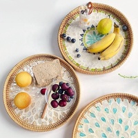 Plateau de service décoratif en rotin mosaïque fait main du Vietnam, avec laque nacre, panier alimentaire en osier pour pique-nique, fruits et bonbons