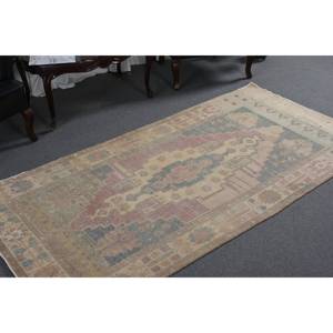 พรมตุรกีวินเทจผ้าทอเย็บปะติดปะต่อกันสีเบจ-ชมพูพรมขนสัตว์3.9x7.9ft ห้องนั่งเล่นยางสำรองสำหรับตกแต่ง - Product Image 4