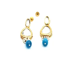 Gold-Plated Blue Tumble <b>Studded</b> Polki Kundan Choker Necklace Set with Monalisa Stone Fashion Jewelry Sets - Product Image 4