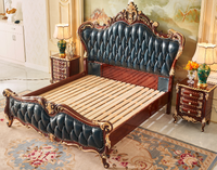 B22 # Ensemble de meubles de chambre à coucher en cuir antique de luxe européen, cadre en chêne massif français, sculpté à la main, lit réglable durable et confortable