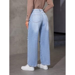 Jeans de Mezclilla Modernos para Mujer, Color Azul Hielo, Tendencia, Cintura Alta, Corte Recto, Ligeros, Ecológicos, Transpirables, Estilo Urbano, Vintage, Tallas 26-40 - Product Image 2