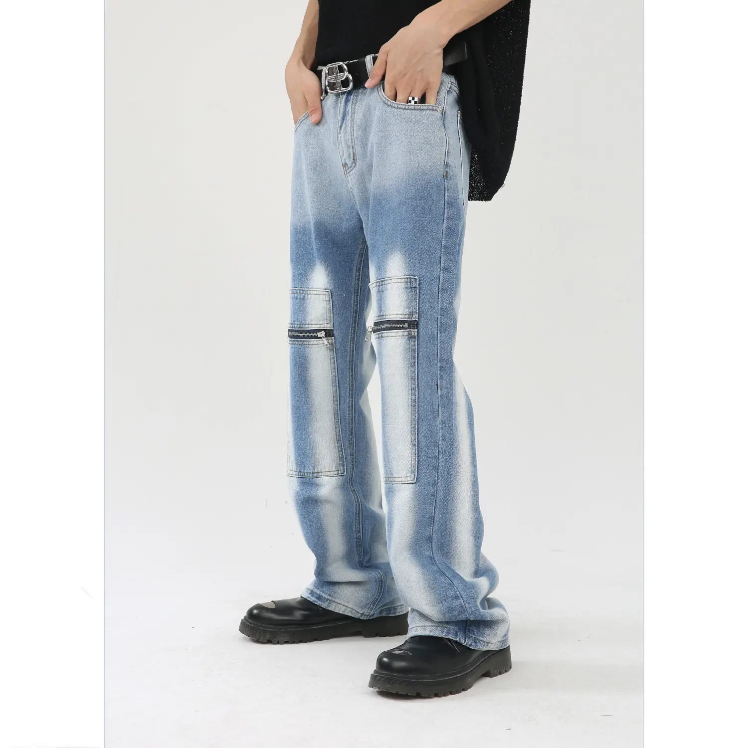 Контрастный цвет галстук-краситель версия тренда Передняя пара с карманами на молнии дизайнерские микробрюки сложенные мужские джинсы