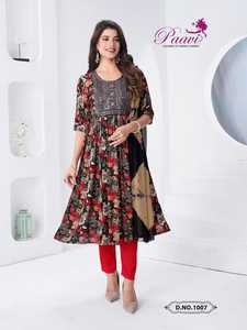 Belle robe couleur incroyable partie lourde impression Kurti Pant & Dupatta avec broderie travail femme mode exportateur et fournisseur - Product Image 4