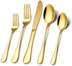 Juego de Cubiertos de Metal con mango moderno de diseño real elegante, 5 uds., cubiertos de acero inoxidable con acabado dorado ecológico - Product Image 6