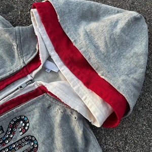 เสื้อฮู้ดผู้ชายซิปรูดรูดซิปได้3ซิปสไตล์วินเทจสไตล์บ็อกซี่ใส่ได้3ชั้นประดับพลอยเทียม - Product Image 4