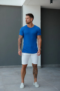 Top vente classique bleu royal côtelé tricot Super Slim Fit col rond hommes T-Shirts Logo personnalisé vêtements en vrac T-Shirt de sport pour hommes - Product Image 3