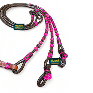 Wholesale OEM Accepted Western Equestrian Horse Racing <b>Braided</b> Dyed Rawhide Leather Romal Reins with Beads & Accents - Product Image 2