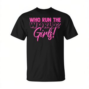 Camiseta Who Run The World para niñas, camiseta negra con texto en rosa, camiseta llamativa a la moda para mujer - Product Image 1
