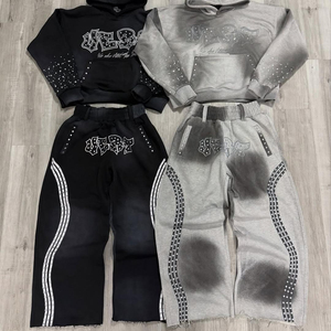 Street-Style Custom Serigrafía con rayas Jogger Fully Rhinestones Flared Sweatpants Acid Wash chándal para hombres - Product Image 3