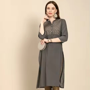 Kurta d'été pour femme en pur coton, coupe droite élégante, longueur genou, col mandarin, manches longues, motifs ethniques, design de jupon - Product Image 1
