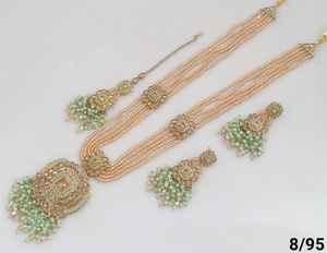 เครื่องประดับผู้หญิงที่ทันสมัยที่สุดสำหรับงานแต่งงานของอินเดียหิน CZ ประดับด้วยมุกสร้อยคอยาวชุดต่างหูชุด mangtika - Product Image 2