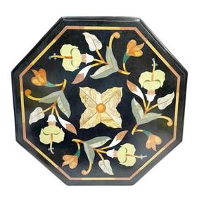 Mesa Auxiliar de Mármol Negro Pietradura con Incrustaciones, Diseño Floral Hecho a Mano, Patrón Pulido Artesanal, Uso Multiusos, Decoración del Hogar - Product Image 2