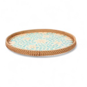 Plateau de service classique bohème en rotin fait à la main avec nacre pour la cuisine, l'utilisation au restaurant et l'affichage sur table - Product Image 1