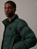Veste matelassée à col montant avec logo personnalisé, motif forêt nocturne, poignets en tricot côtelé, grandes poches chauffe-mains, veste d'hiver pour homme