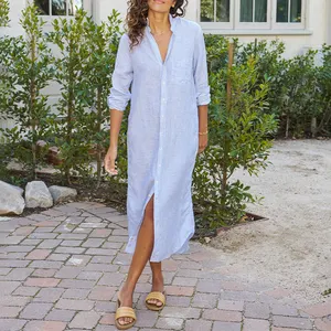 Spring Vacation Elegant Long Sleeve Midi Dresses Classic Casual Female Linen Maxi Shirtdress