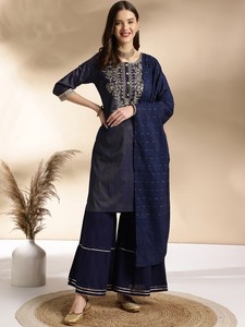 Mujeres motivos étnicos bordado cuello redondo recto puro algodón Kurta con Sharara y Dupatta traje indio pakistaní - Product Image 2
