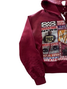 Sweat à capuche oversize personnalisé en molleton brodé, style streetwear, délavé à l'acide, effet usé, vintage, avec fermeture éclair et strass, couleur unie, effet soleil délavé - Product Image 3