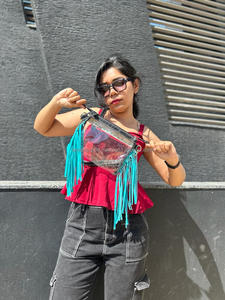 Sac à main occidental transparent à franges en cuir sculpté à la main Sac à main élégant multi-usages Couleur turquoise pour les femmes multi-usages - Product Image 4