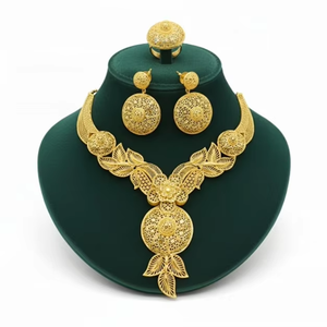 Elegant 24K Gold Plated 4-Piece Jewelry Set with Plant Pattern Necklace Earrings <b>Ring</b> for Women-Wedding & Anniversary Occasions - Product Image 3