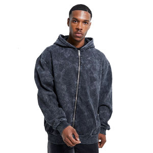 OEM Streetwear <b>Black</b> 300 GSM Fleece Acid Washed Zipper Oversized <b>Hoodies</b> for <b>Men</b> & Women Custom Vintage Wash <b>Men's</b> <b>hoodies</b> - Product Image 1