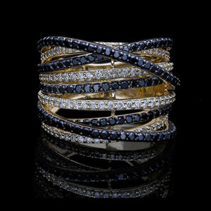 Luxueux 14K Or Plaqué Rhodium Large Bande Anneau Bold Crossover Pave Design Alternant Rangées Diamants Blancs Noirs Naturels - Product Image 1