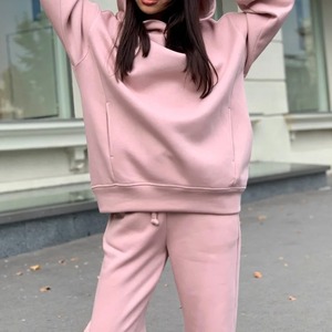 Pull femme à capuche solide coton manches longues sweats à capuche élastique taille haute cordon pantalon ensemble décontracté coton - Product Image 2