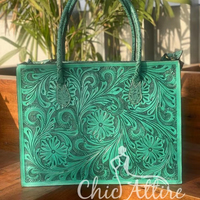 Sac fourre-tout multifonctionnel en cuir de luxe repoussé à la main Sac à main en cuir véritable pour dame Sac à bandoulière floral turquoise