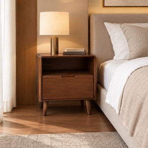 Mesita de Noche Moderna de Madera con Estante Abierto y Cajón, Mesita de Noche de Madera Maciza para Dormitorio de Hotel o Apartamento - Product Image 6