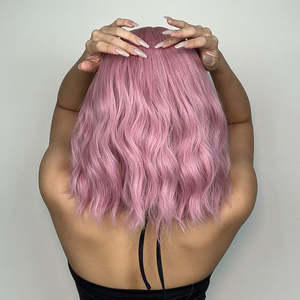 DWY <b>WIGS</b> <b>14</b> <b>Inch</b> Short Pink Wavy Curly <b>Wig</b> with Bang US Only Lace Front <b>Wigs</b> with Transparent Lace Color - Product Image 2