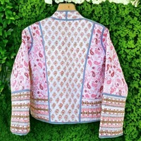 Veste matelassée en coton faite à la main pour femmes et filles, imprimé paisley rose/bleu, veste courte réversible, passepoil rayé, veste matelassée