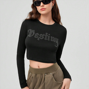 Quantité minimale de commande bas Logo personnalisé strass à manches longues hauts courts femmes t-shirts pour les filles - Product Image 1