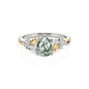 Jeulia Two Tone Pear Cut <b>Moss</b> <b>Agate</b> Leaf Fashion Engagement <b>Ring</b> - Product Image 1