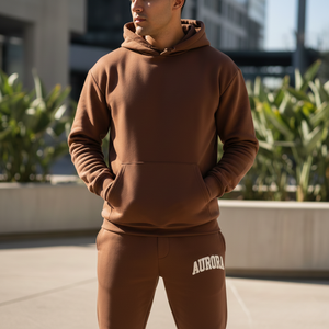 Custom Heavyweight Cotton Fleece Acid Wash Solid Tracksuit Men 3D for Logo Mocha <b>Brown</b> Hoodie Sweatpants Set Wholesale - Product Image 4