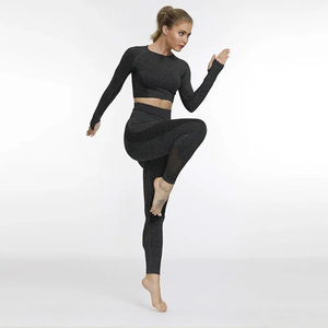 Women Yoga Set High Waist Leggings Long Sleeve <b>Crop</b> <b>Top</b> Solid Color Breathable <b>Mesh</b> Panel Activewear Fitness Workout Clothes - Product Image 2