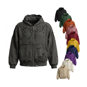 Sweat à capuche surdimensionné décontracté avec fermeture éclair, logo imprimé en relief personnalisé, design délavé, bords effilochés, poches avant, fermeture éclair - Product Image 1