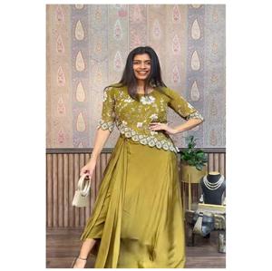 Conjunto de dos piezas indooccidental de moda para mujer Listo para usar Dhoti lateral plisado con parte superior arriba-abajo asimétrica elegante para fiestas - Product Image 1