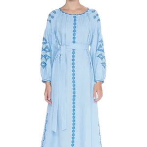 女式时尚批发夏季乌克兰民族刺绣长款浅色连衣裙