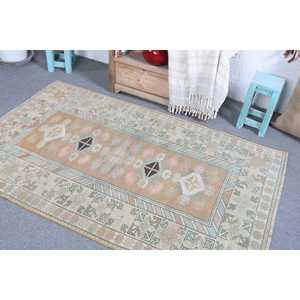 3.7x5.8 ft Vintage Turkish <b>Wool</b> Rug Eco-Friendly Brown <b>Yellow</b> Patchwork with Latex Backing - Product Image 4