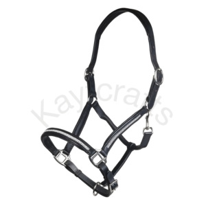 Halter de cheval rembourré avec raccords argentés et ajustement réglable en cuir de harnais pleine fleur avec accent de diamant - Product Image 1