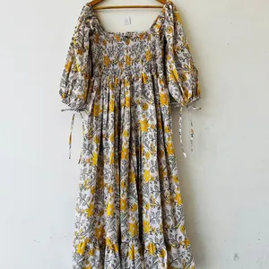 Blok Bedrukt Met Bloemen Katoen Bohemian Lange Maxi | Gele Bloemenjurk | Smocking Yoke Maxi Jurk